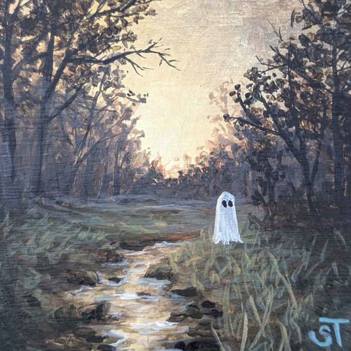 Painting of a ghost standing by a stream in a forest at sunset