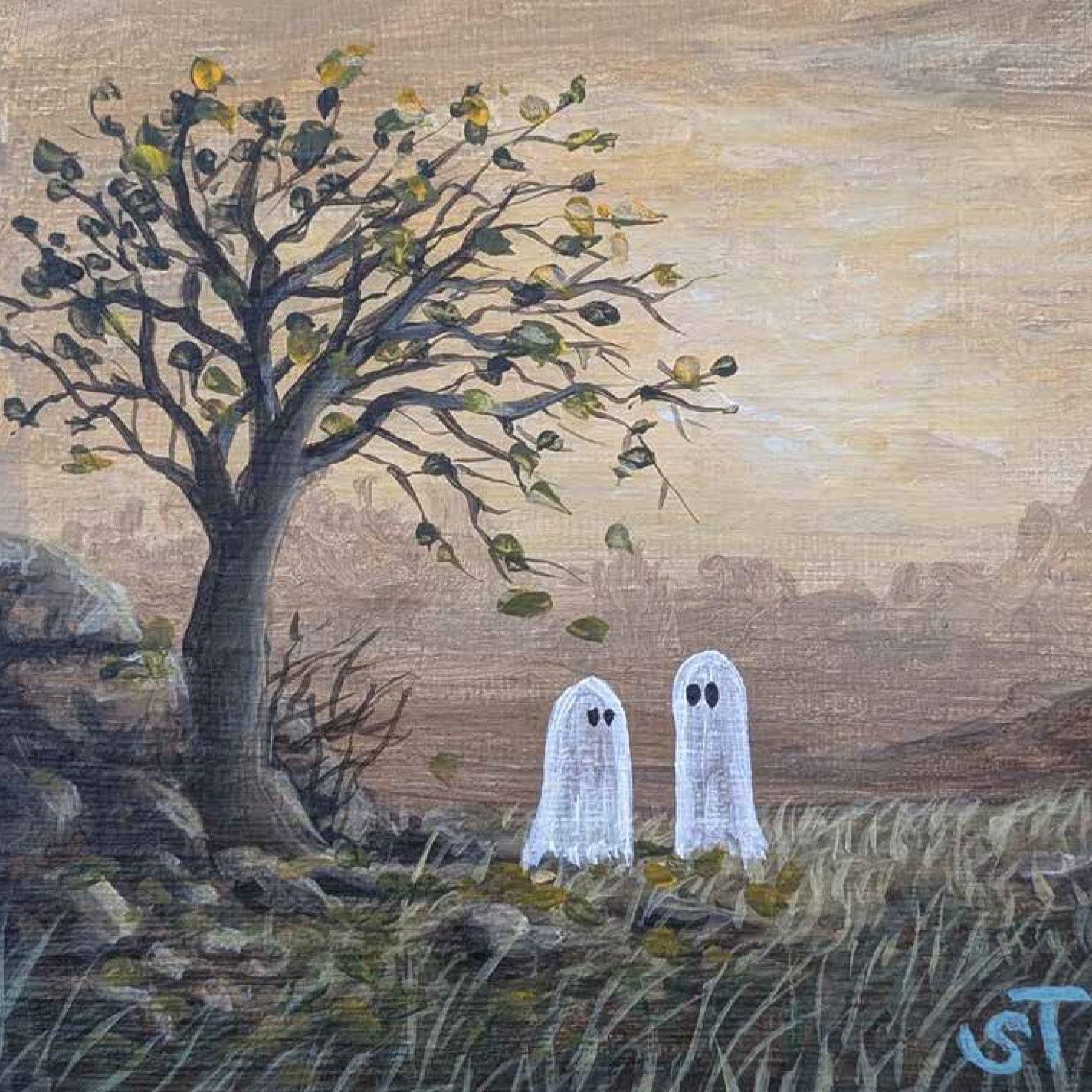 Two ghost figures under a tree with a rustic background