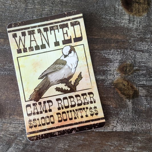 A sticker designed in the style of a wanted poster featuring a Gray Jay bird with the title 'WANTED CAMP ROBBER' and a bounty price.