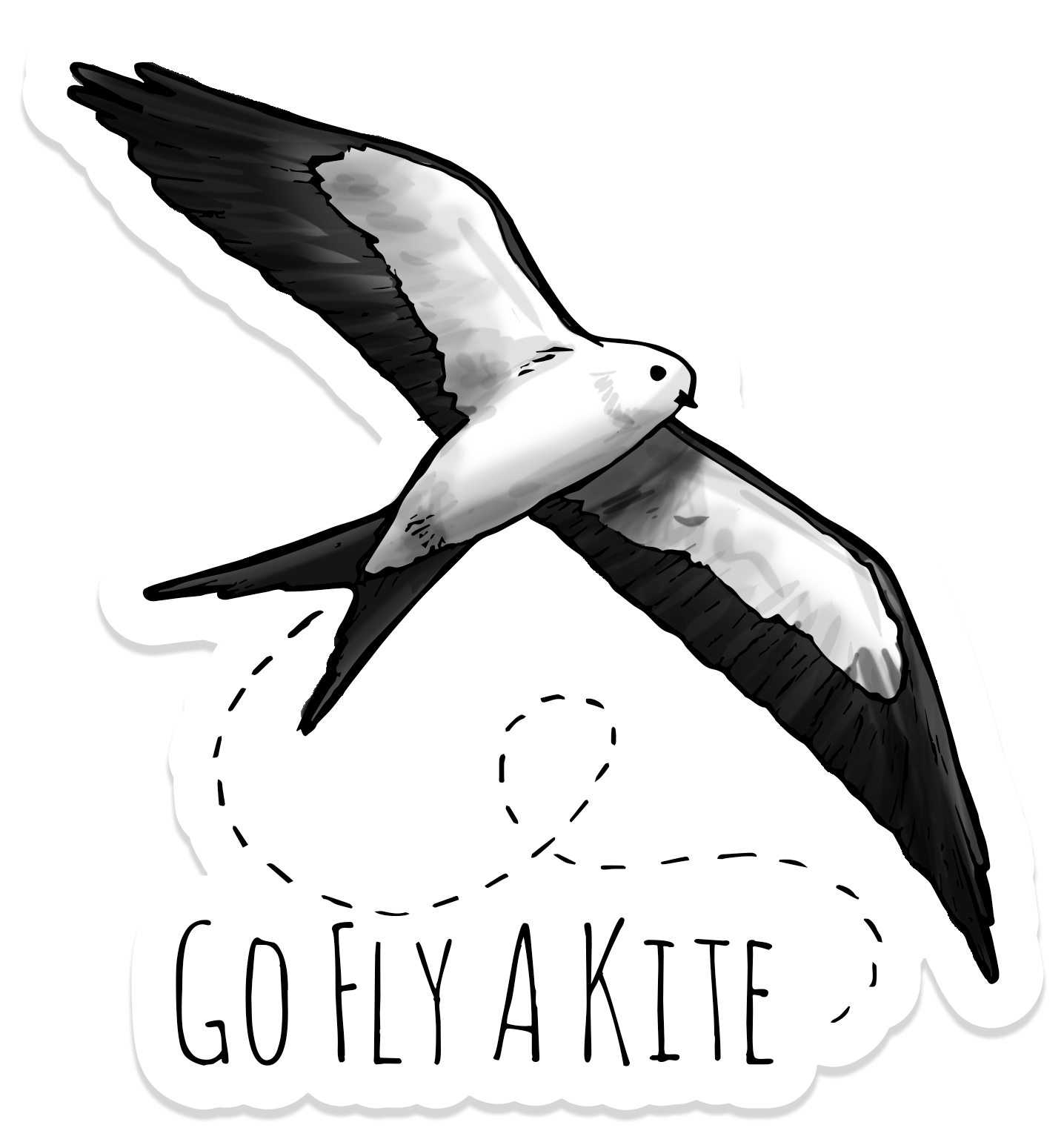 Vinyl sticker featuring an illustrated Kite bird in flight with a dotted flight path and the text “Go fly a kite.”