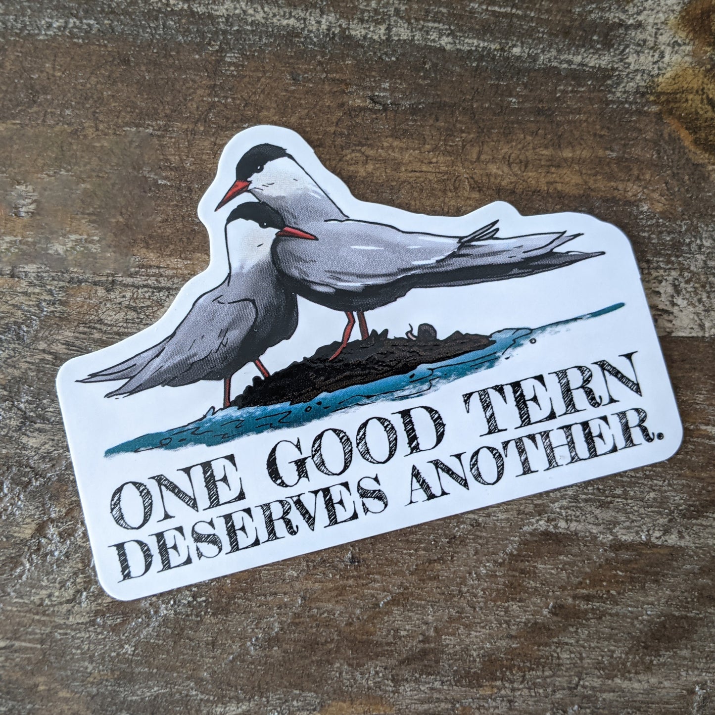 A vinyl decal with a hand-illustrated design of two tern birds and the pun 'one good Tern deserves another'.