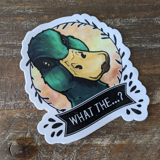 A vinyl decal featuring an illustrated duck with the text 'WHAT THE...?' printed at the bottom, and placed on a wooden surface. 