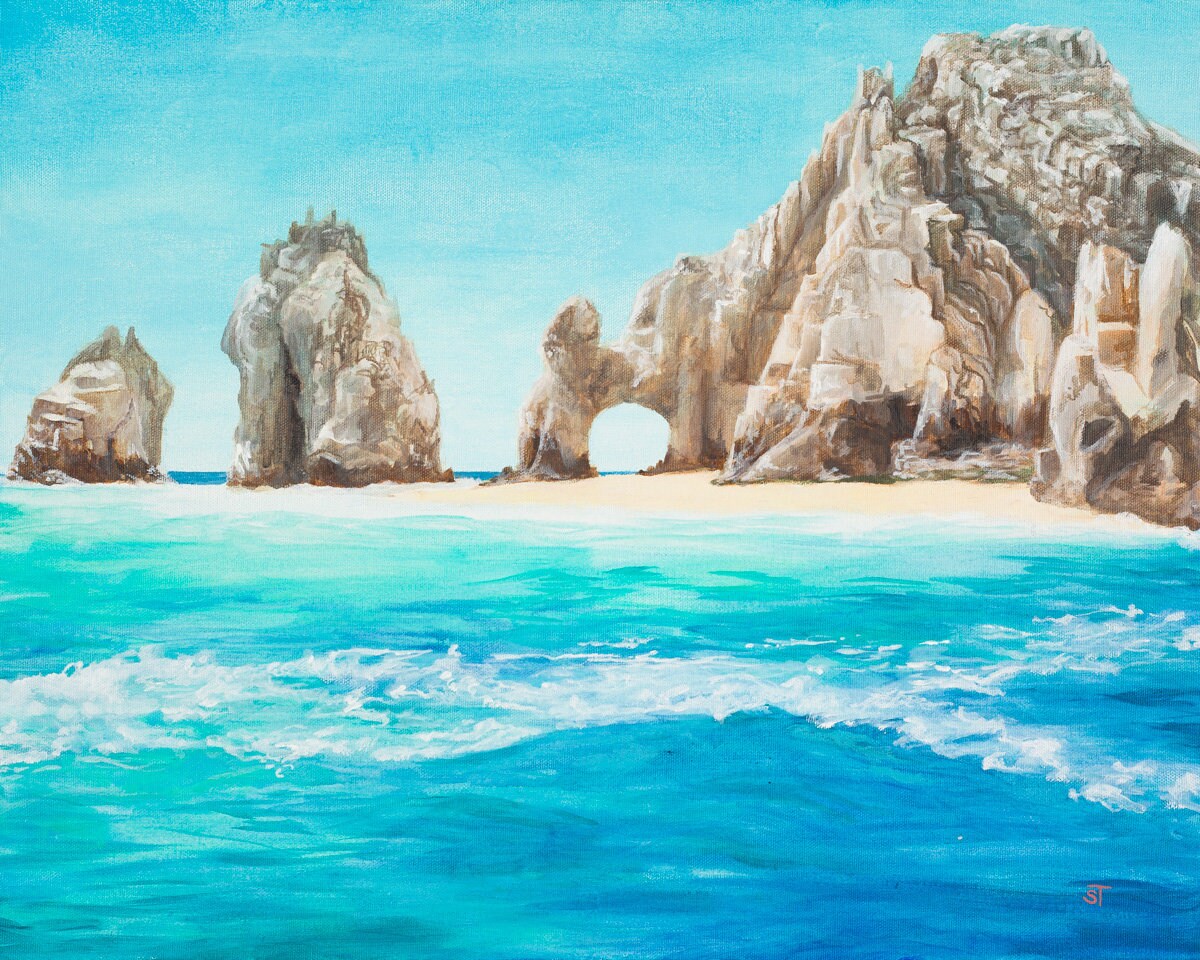 Coastal seascape painting of turquoise ocean waves breaking along a sandy beach with pale rock formations and a natural stone arch under a bright blue sky.