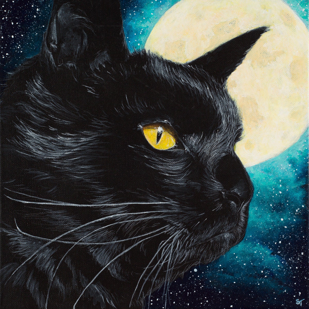 Painting of a black cat in profile with a bright yellow eye, set against a deep blue starry sky and a glowing full moon.