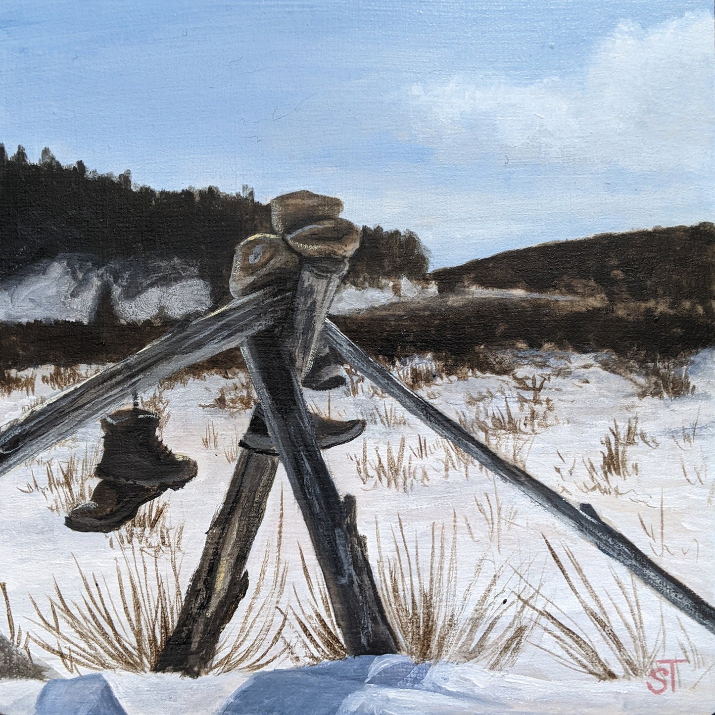 Original landscape painting of a winter meadow, weathered wooden posts with boots hanging from them and snow-covered ground, evoking a quiet ritual scene in Beaver Creek, Colorado.