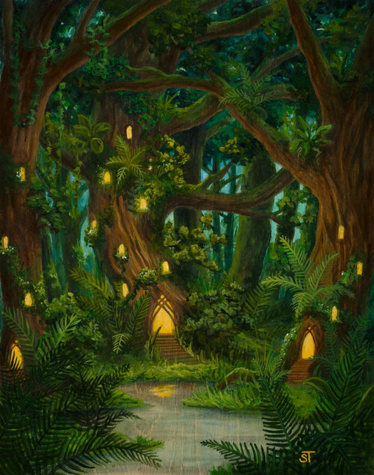Fantasy forest painting of towering trees filled with glowing light from small windows, lush green ferns, and small illuminated doorways nestled among roots and foliage.