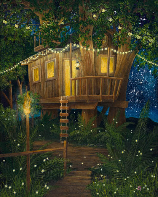 Fantasy painting of a warmly lit treehouse at night, surrounded by lush forest foliage, glowing string lights, fireflies, and a star-filled sky.