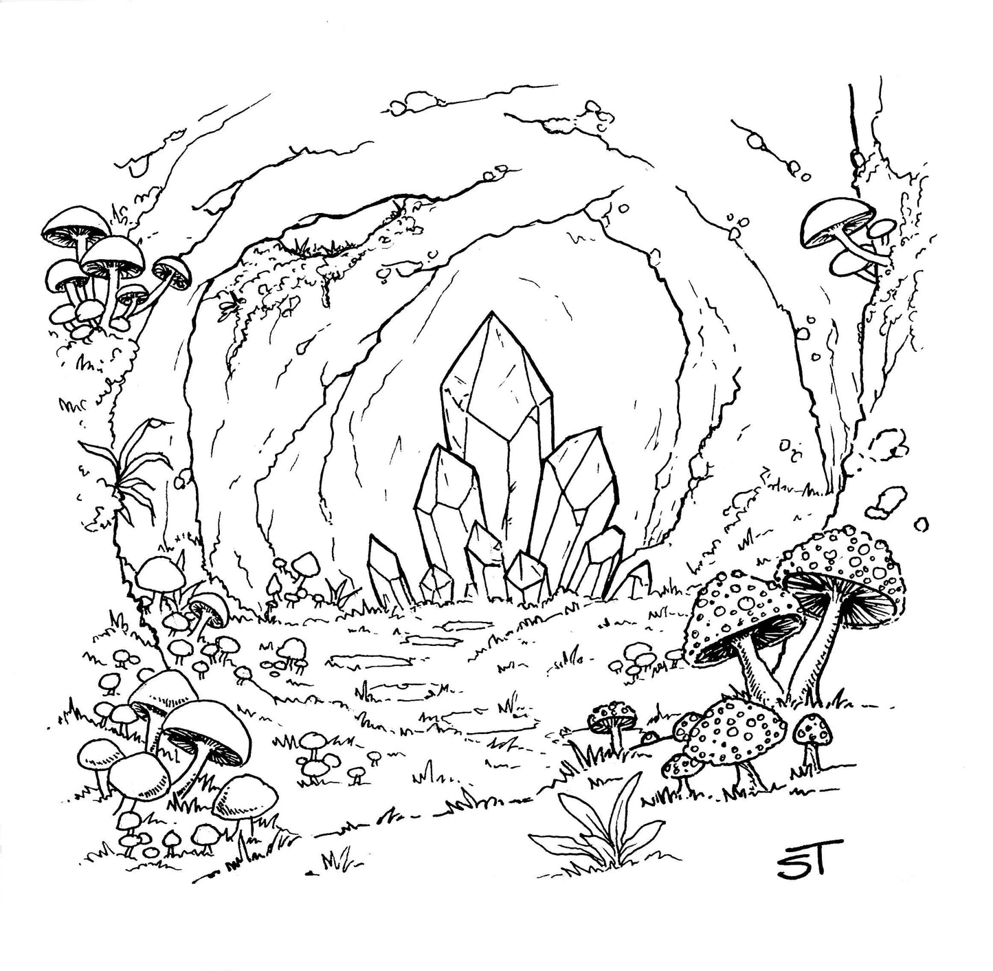 Black and white crystal cave illustration featuring mushrooms and rock formations, designed as a color-your-own art print.