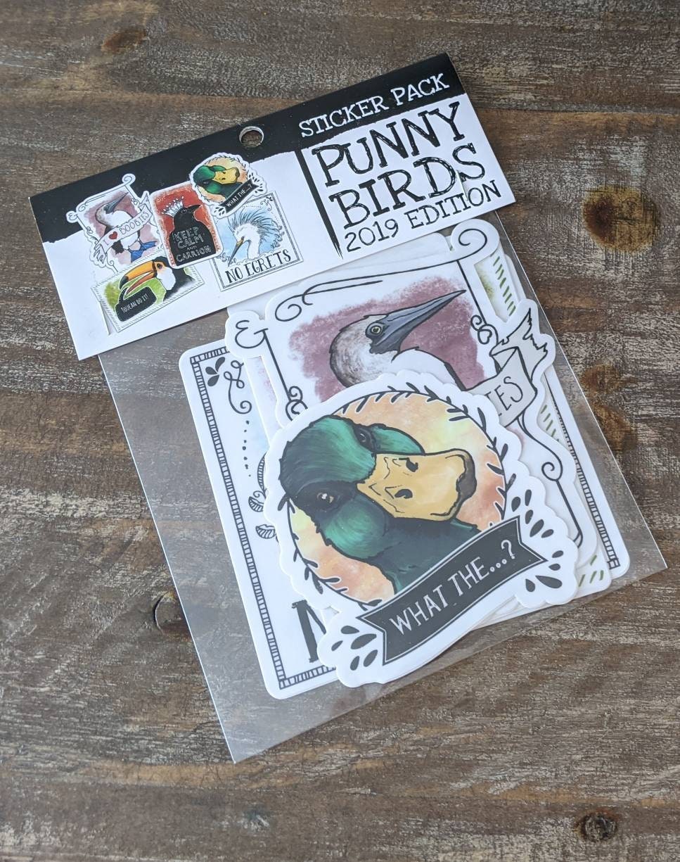 A sticker pack titled 'Punny Birds' 2019 edition featuring various hand-drawn bird illustrations with punny names, displayed on a wooden surface.