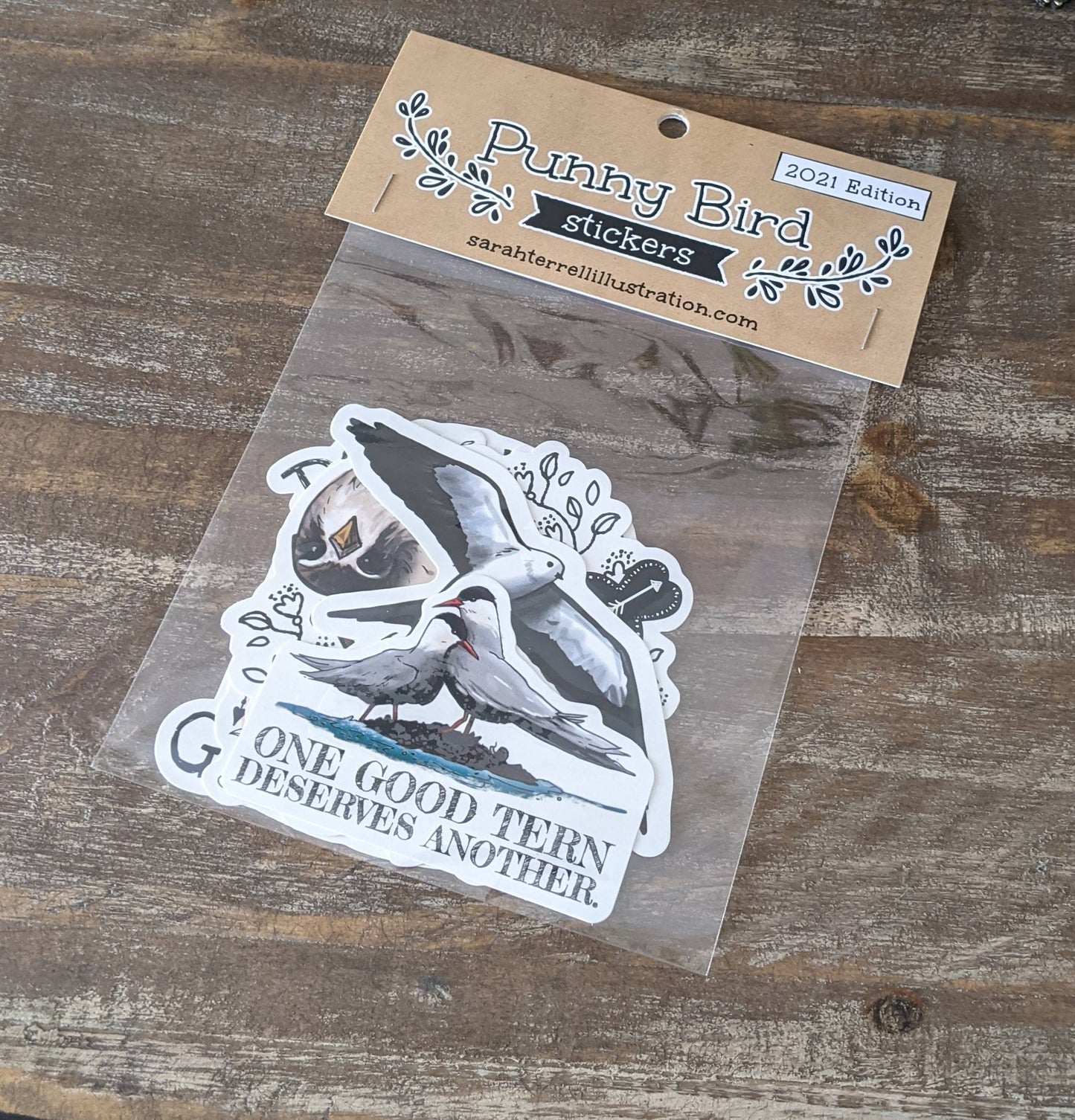A sticker pack titled 'Punny Bird Stickers' 2021 Edition featuring various hand-drawn bird illustrations with punny captions.