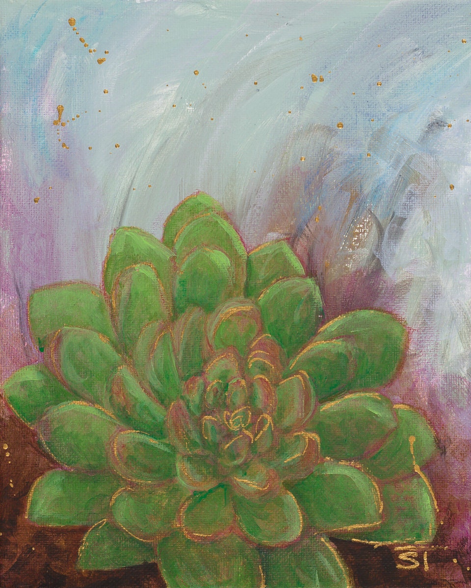 Single green succulent acrylic painting with rounded leaves outlined in gold, set against a soft pastel and magenta sky background.