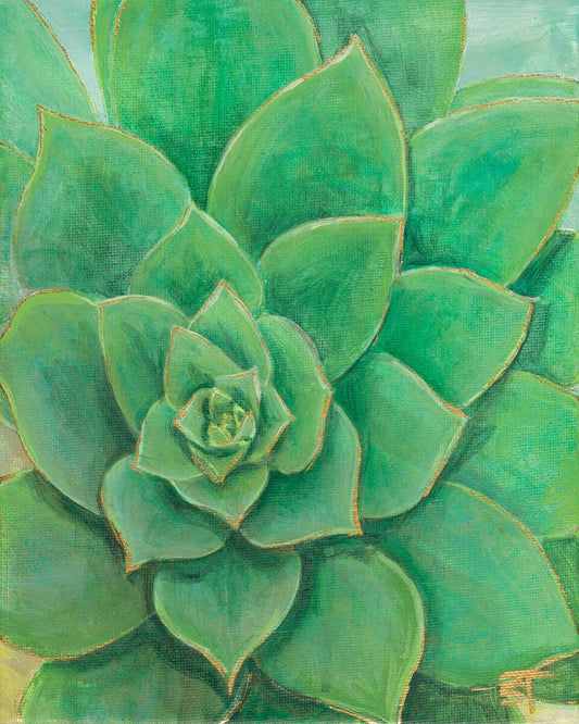 Vibrant green succulent acrylic painting with layered leaves and fine gold linework by Sarah Terrell.