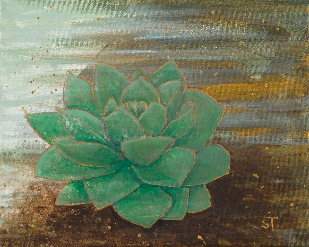 Green echeveria succulent acrylic painting with layered rosette leaves, fine gold outlines, and scattered gold flecks on a softly textured earth-toned background by Sarah Terrell.
